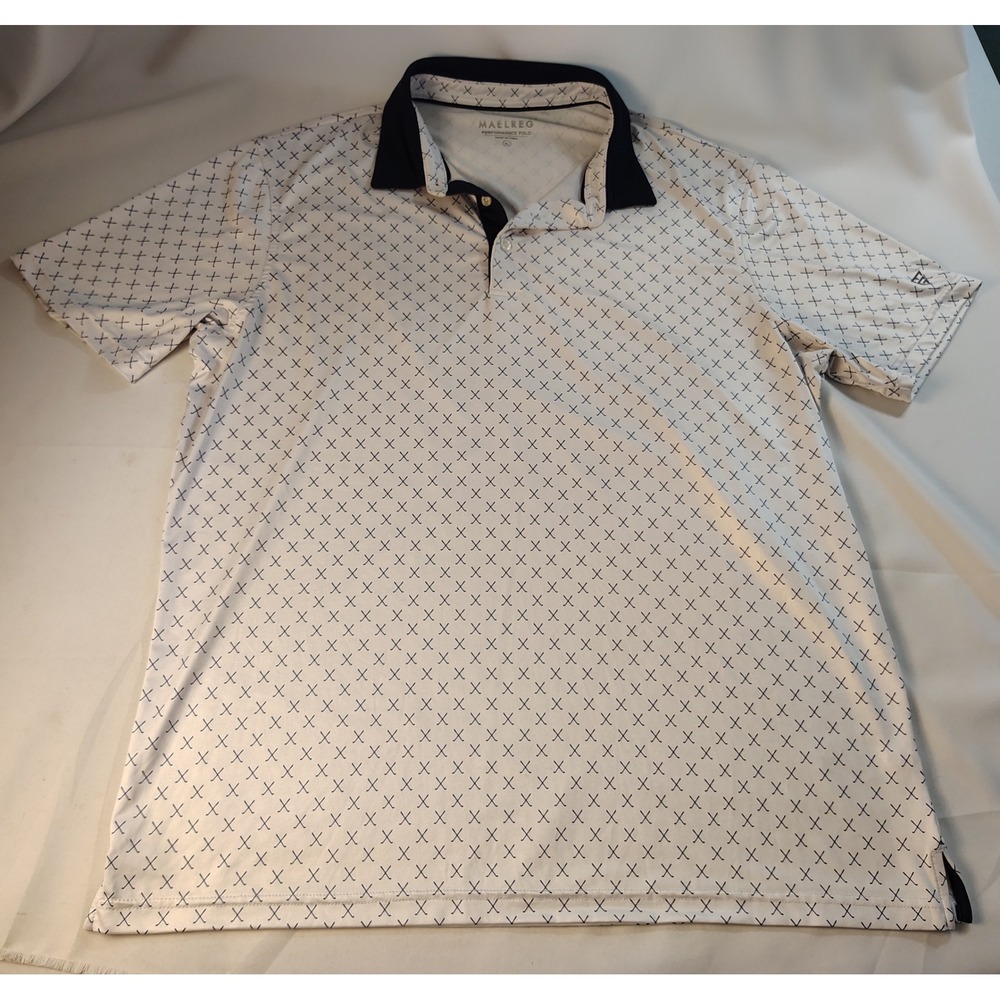 Maelreg Men XL Performance Golf Polo Shirt White Navy Crossed Golf Clubs Stretch